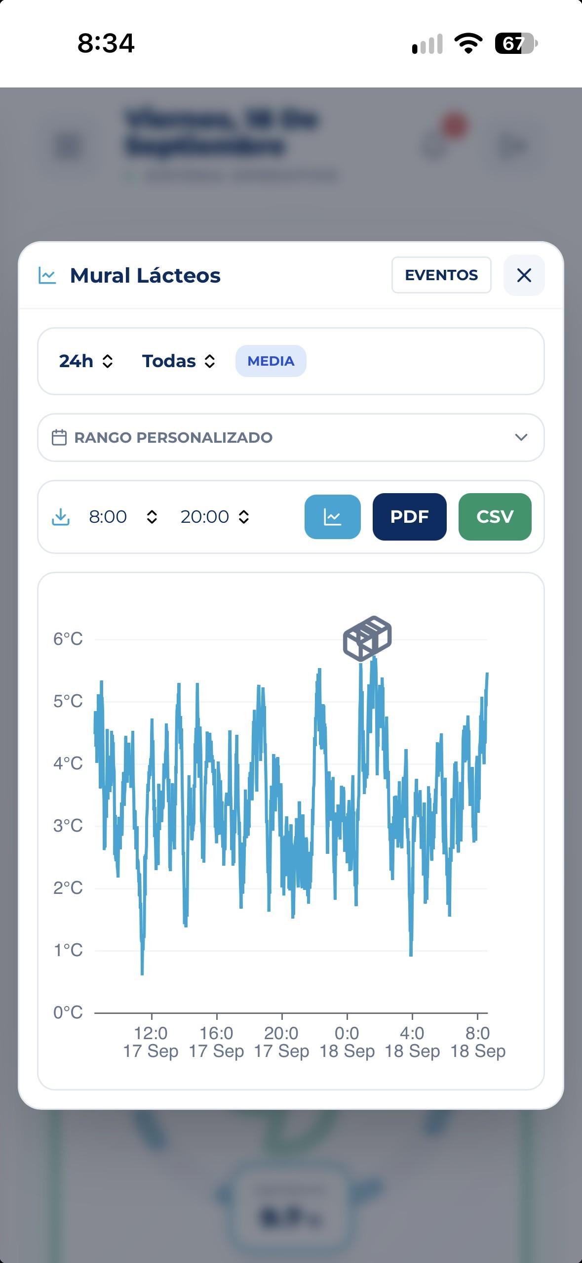 App móvil GEYBOS mostrando la lista de sensores con temperatura en tiempo real