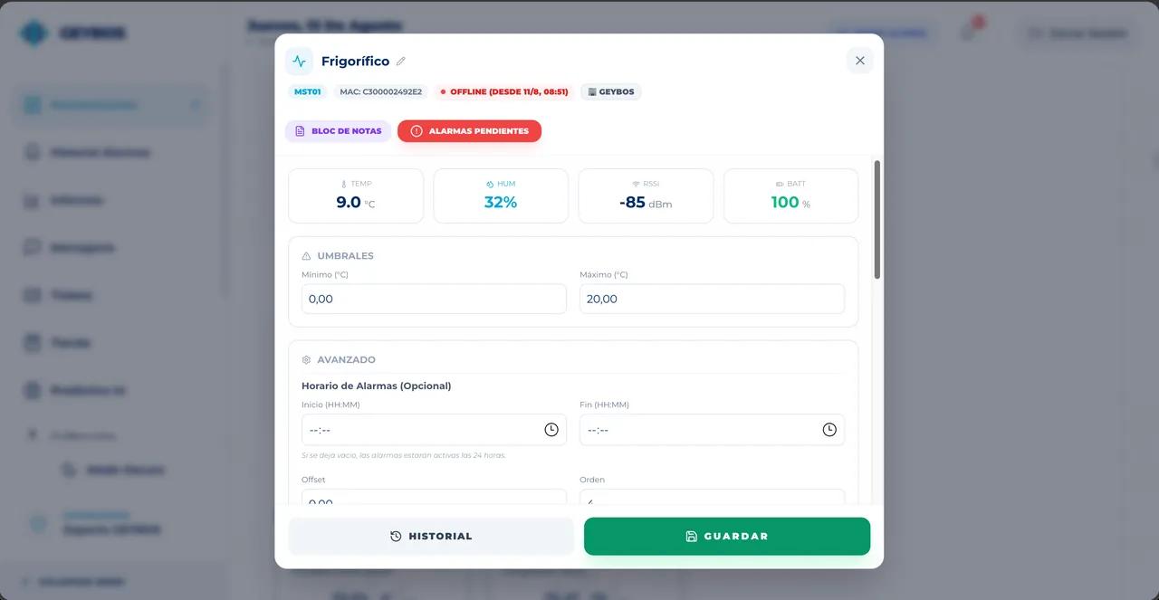 Detalle y configuración de un sensor en GEYBOS