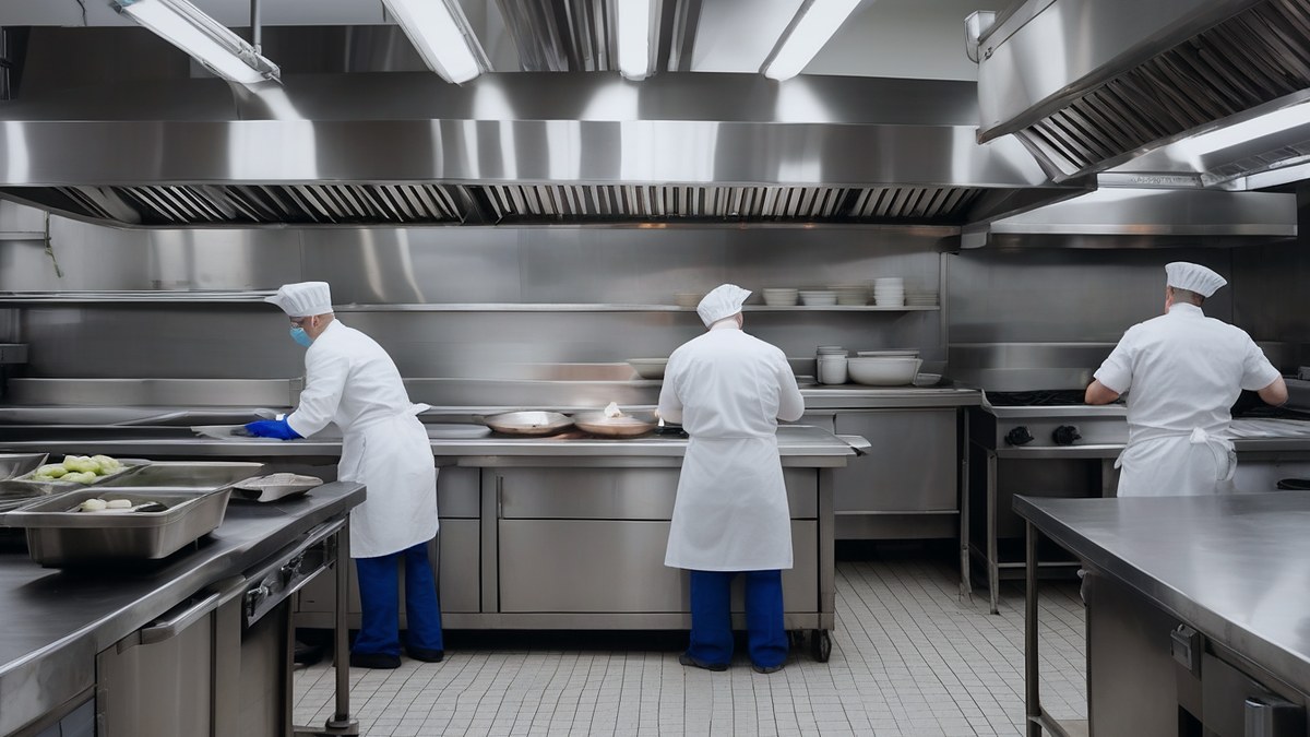 Tres cocineros con gorro y chaquetilla (uno con mascarilla y guantes) trabajando en una cocina profesional de acero inoxidable