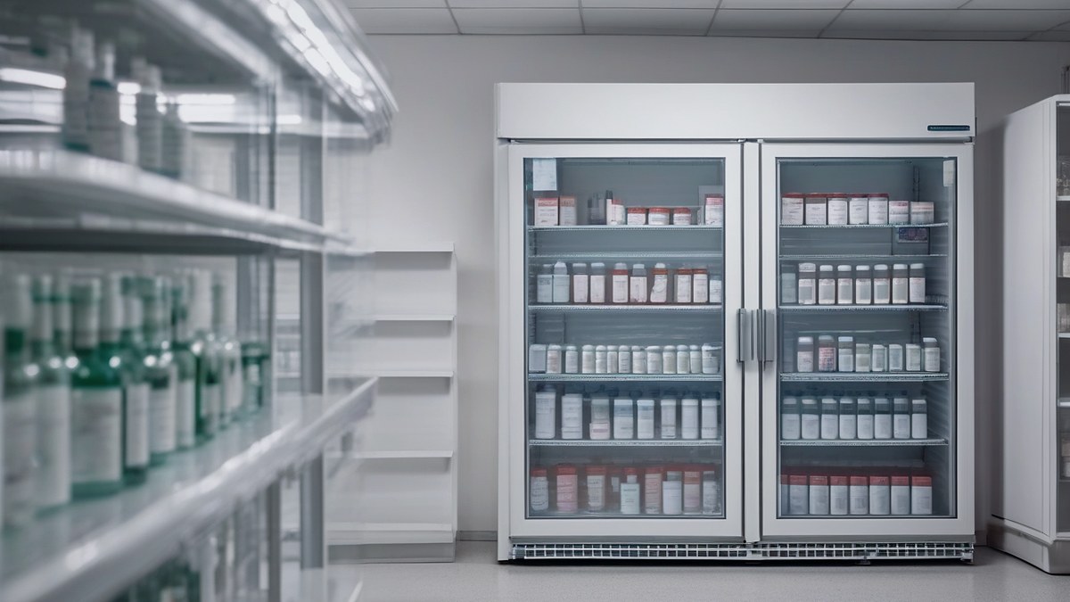 Frigorífico farmacéutico de doble puerta de cristal con frascos y envases de medicamentos en el almacén de una farmacia
