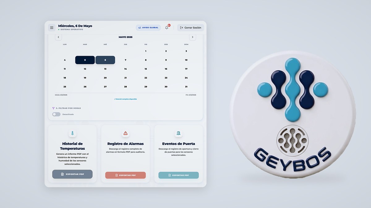 Captura del panel de informes de GEYBOS, con un calendario y botones para exportar en PDF el historial de temperaturas, el registro de alarmas y los eventos de puerta, junto al sensor GB-TB