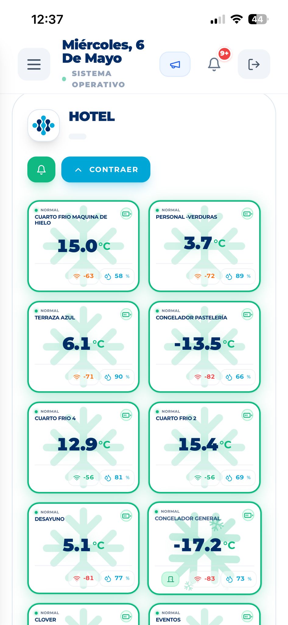 Captura real de la app móvil de GEYBOS: monitorización de temperatura por ubicación