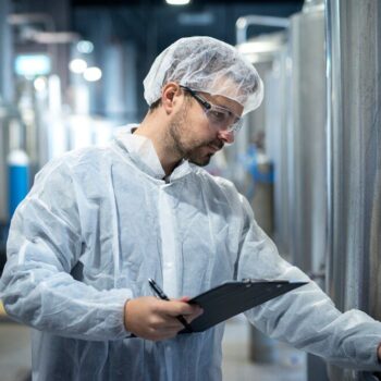Operario de fábrica realizando el Control de Temperatura y humedad para cámaras frigoríficas